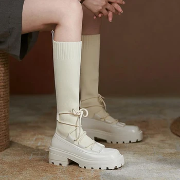 Berba čarape, cipele serije 2021, zimske nove cipele kožuh na debelom petu s okruglom glavom, pletene elastične ženske čizme za tanke noge