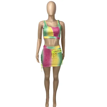 Rainbow Gradient print zmijske Seksi odjeću od 2 komada za žene Безрукавка Skraćene top i Šuplje mini suknja čipka-up Sportski kostimi
